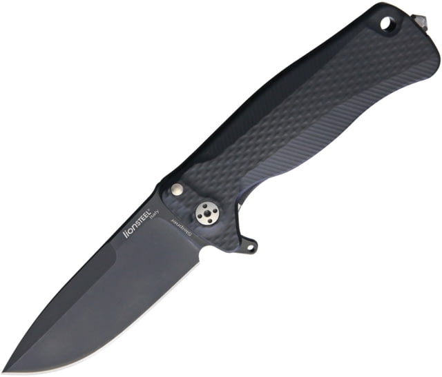 Lionsteel SR22 Framelock Folding Knife 3in Black Oxide Coated Sleipner Tool Steel Drop Point Black Textured Aluminum Handle Glass Breaker Pocket Clip - Lionsteel