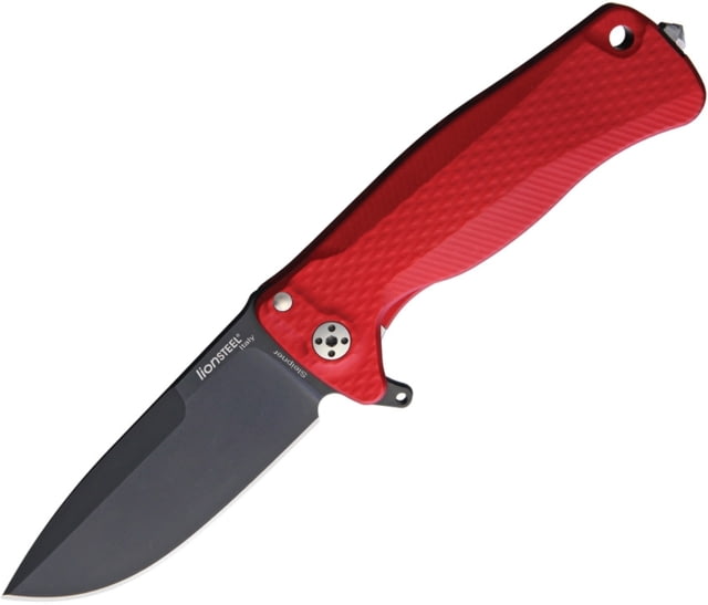 Lionsteel SR22 Framelock Folding Knife 3in Black Oxide Coated Sleipner Tool Steel Drop Point Red Textured Aluminum Handle Glass Breaker Pocket Clip