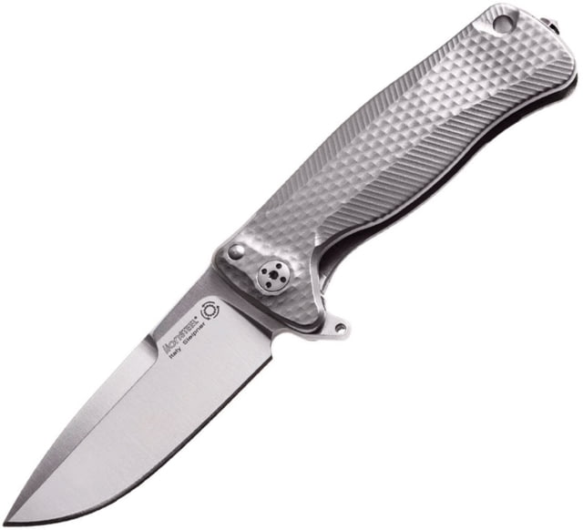Lionsteel SR22 Framelock Tiium Gray Folding Knife 3in Satin Sleipner Tool Steel Drop Point Gray Textured Titanium Handle Glass Breaker Pocket Clip - Lionsteel