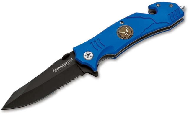 Magnum Air Force Rescue Folding Knife 3.39in 440A Serrated Blade Aluminum Blue Handle - Magnum