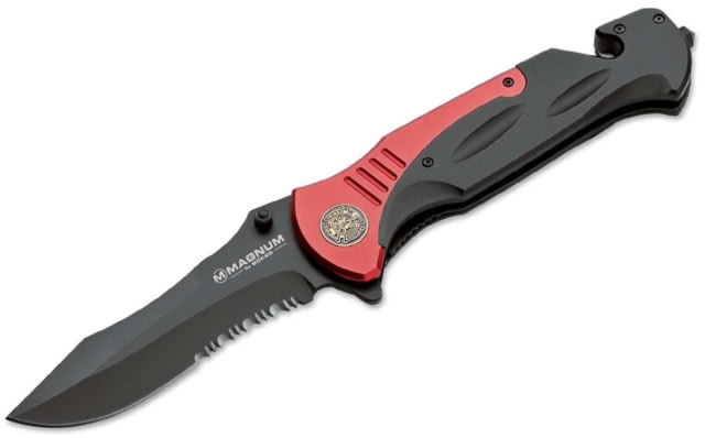 Magnum Fire Chief Folding Knife 4.53in 440A Serrated Blade Aluminum Black Handle - Magnum