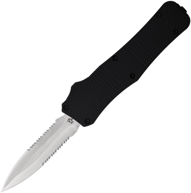 Mantis OTF Automatic Folding Knife 4.63in Closed 3.25in Satin Partially Serrated 440C Stainless Stiletto Style Blade Black Checkered Aluminum Handle - Mantis