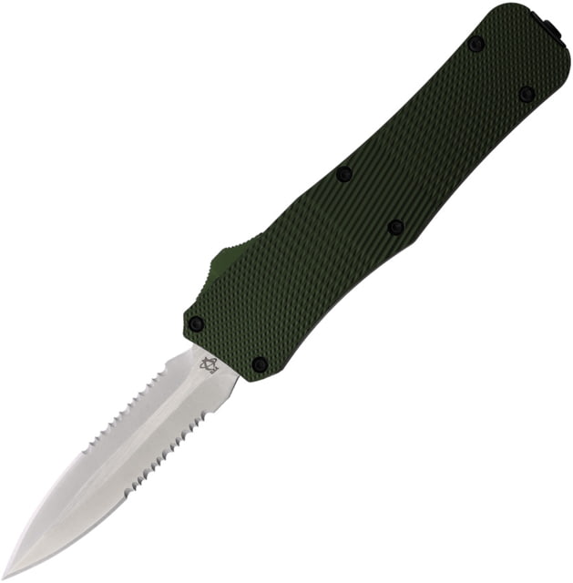 Mantis OTF Automatic Folding Knife 4.63in Closed 3.25in Satin Partially Serrated 440C Stainless Stiletto Style Blade Green Checkered Aluminum Handle