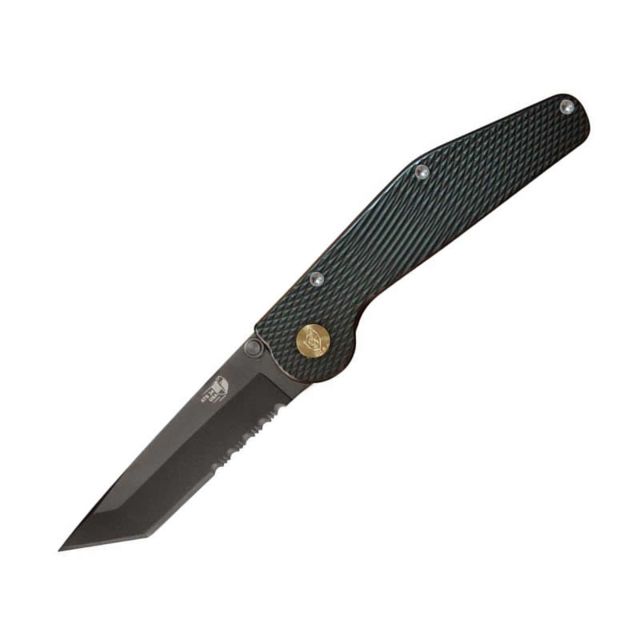 Mantis GT Folding Knife3.75in Tanto Combo Ti-Nitrate coated Stainless SteelGreen Aluminum Handle - Mantis