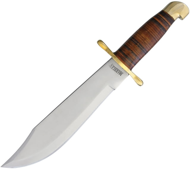 Marbles Bowie Stacked Leather Knife 16.25in Overall 10.5in Satin SS Clip Point Blade Stacked Leather Handle Brass Guard Brown Leather Sheath MR555/ - Marbles