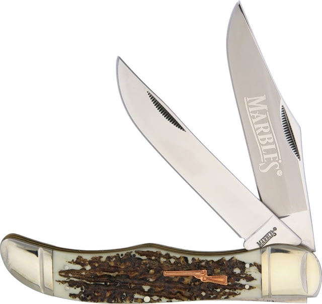 Marbles Folding Hunter Imitation Stag Folding Knife Satin SS Clip And Skinner Blades Imitation Stag Handle Black Nylon Sheath KB223/ MR417 #61 SHIELD - Marbles