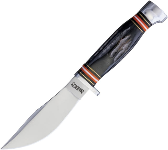 Marbles Horn Knife 9in Overall 4.5in Satin SS Blade Jigged Horn Handle Brown Leather Sheath MR461 / EG-742 - Marbles