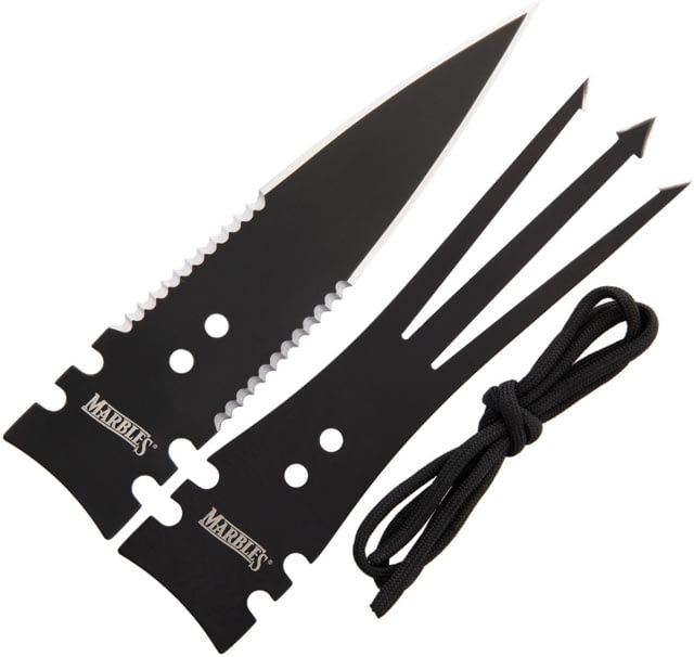Marbles Large Spear Heads 6.625in Black SS Spear Head With Partially Serrated Dual Edges 6.625in Black SS Gig Black Paracord Included MR408 / 2 PCS