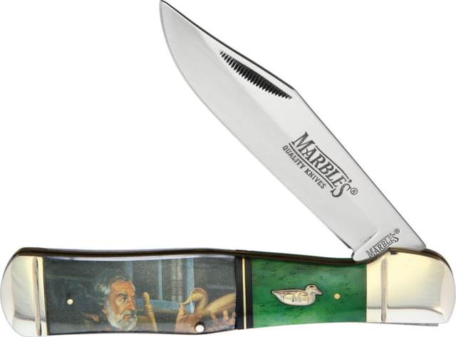 Marbles Mallard Decoy Folder Folding Knife 4.13" mirror finish stainless clip point blade Green smooth bone handle with duck decoy artwork u MR583 - Marbles