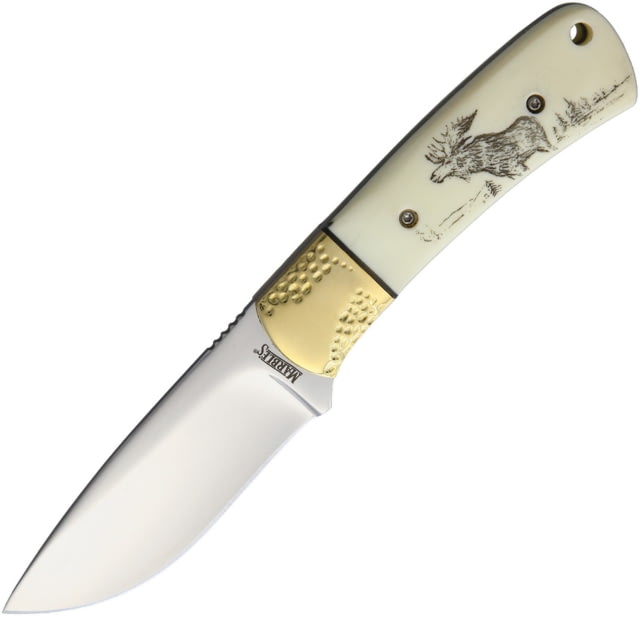 Marbles Scrimshaw Fixed Blade Knife 7.25in Overall 3.25in Satin SS Blade White Smooth Bone Handle Brass Guard Scrimshawed Moose Artwork On Handle - Marbles