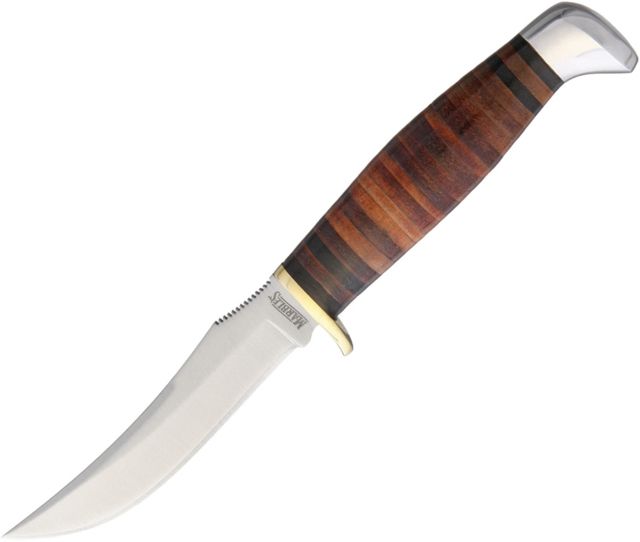 Marbles Small Hunter Fixed Blade Knife 3in Stainless Steel Standard Edge Satin Stacked Leather Handle - Marbles