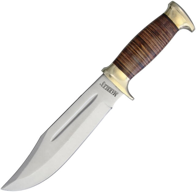 Marbles Stacked Leather Hunter Knife 11.5in Overall 7in Satin SS Clip Point Blade Stacked Leather Handle Brass Guard Brown Leather Sheath MR556 - Marbles