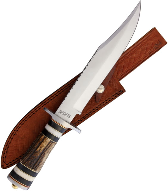 Marbles Stag Bowie Knife 8.75" satin finish stainless clip point blade Stag black and white bone handle # 5 STAINLESS / MR572 - Marbles