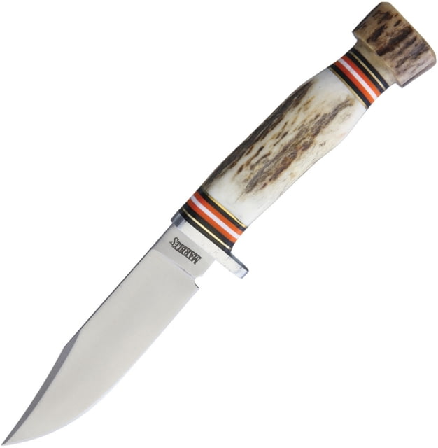 Marbles Stag Skinner SS Knife 8.75in Overall 4.25in Satin SS Clip Point Blade Stag Bone Handle SS Guard Brown Leather Sheath MR458 / EG-739 - Marbles