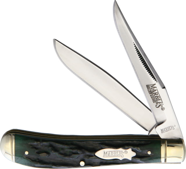 Marbles Trapper Green Stag Bone Folding Knife Mirror finish stainless clip and spey blades Green stag bone handle KB234 GREEN STAG BONE - Marbles
