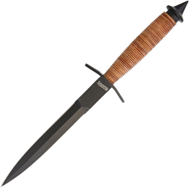 Marbles V-42 Dagger Knife 12.5in Overall 7.25in Black Double Edge 440 SS Dagger Blade Stacked Leather Handle Brown Leather Sheath - Marbles