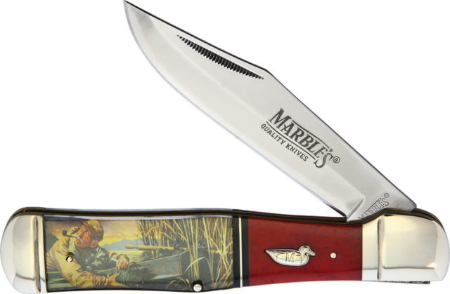 Marbles Wood Duck Decoy Folder Folding Knife 4.13" mirror finish stainless clip point blade Red smooth bone handle with wood duck decoy artwor MR584 - Marbles