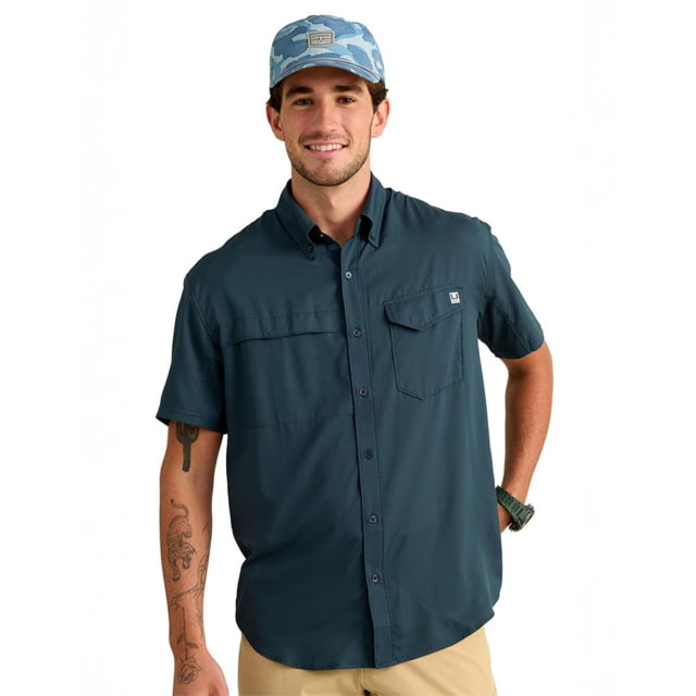 Marolina DBA HUK Huk Tide Point Short Sleeve Button Down Shirt Sea Storm L
