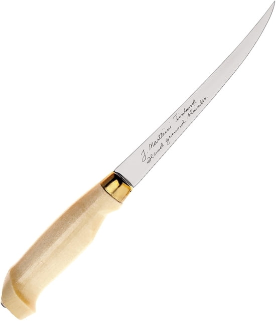 Marttiini Classic Fillet Fixed Blade Knife Classic Fillet 10.63in Overall 6in Satin SS Fillet Blade Birch Wood Handle Brass Ferrule Brown Leather Belt - Marttiini