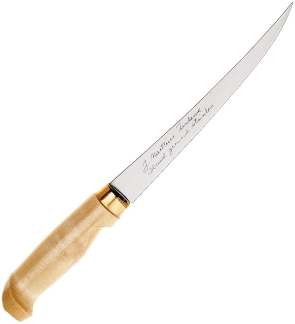 Marttiini Classic Fillet Fixed Blade Knife Classic Fillet 12.25in Overall 7.5in Satin SS Fillet Blade Birch Wood Handle Brass Ferrule Brown Leather - Marttiini