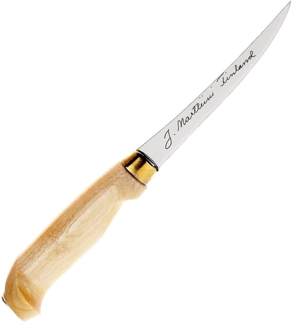 Marttiini Classic Fillet Fixed Blade Knife Classic Fillet 7.88in Overall 4in Satin SS Fillet Blade Birch Wood Handle Brass Ferrule Brown Leather Belt - Marttiini