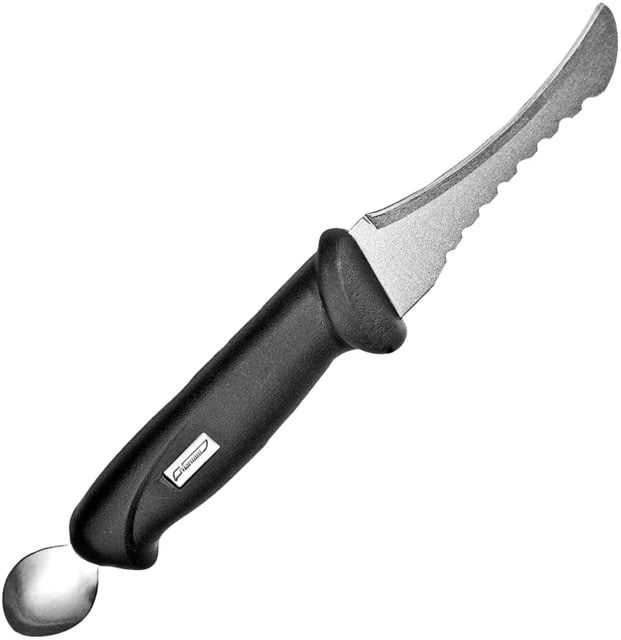 Marttiini Fish Cleaner Fixed Blade Knife 10.63in Overall 4in Serrated SS Curved Blade Black Textured Rubber Handle Metal Scoop At The End Of The - Marttiini