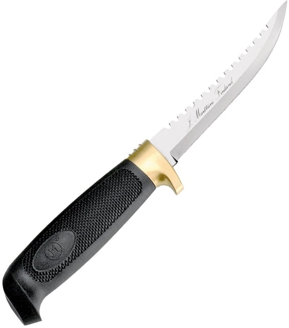 Marttiini Fisherman's Fixed Blade Knife Condor Golden 9in Overall 4.25in SS Black Textured Rubber Handle Serrated Top Blade Plastic Ferrule Black - Marttiini