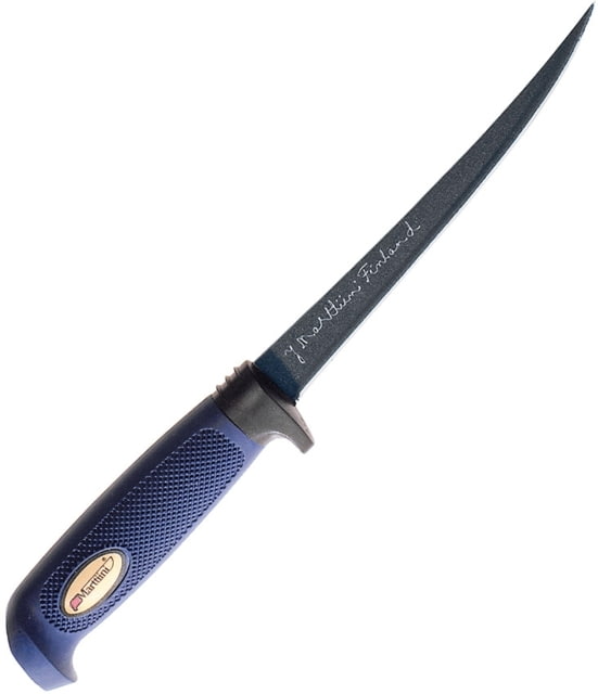 Marttiini Martef Fillet Fixed Blade Knife Martef Fillet 10.63in Overall 6in SS Fillet Blade Blue Textured Rubber Handle Black Martef Coated Blade - Marttiini