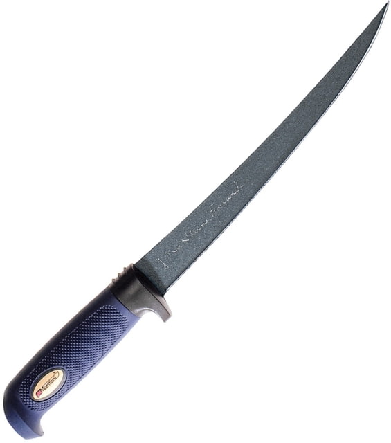 Marttiini Martef Fillet w/Leather Sheath Fixed Blade Knife Martef Fillet 14.13in Overall 9in Black SS Fillet Blade Blue Textured Rubber Handle Plastic - Marttiini