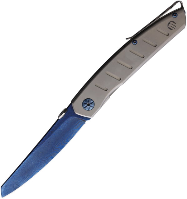 Maserin AM6 Damascus Folding Knife 4.88in Closed 3.75in Blue Atti Coated Damascus Steel Blade Bead Blast Titanium Handle - Maserin