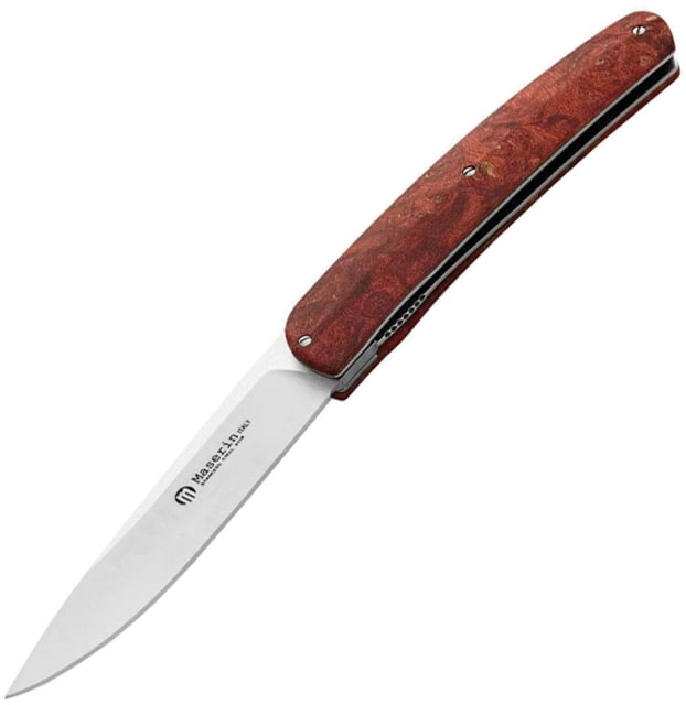 Maserin Gourmet Linerlock Red Burl Folding Knife 3.75in Satin 4116 SS Blade Red Burl Wood Handle Black Leather Belt Sheath Red - Maserin