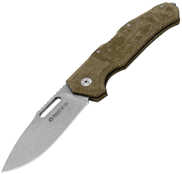 Maserin Nimrod Backlock Desert Folding Knife 3.63in Stonewash Bohler M390 SS Drop Point Desert Tan Micarta Handle Thumb Pull Pocket Clip Glass Breaker - Maserin