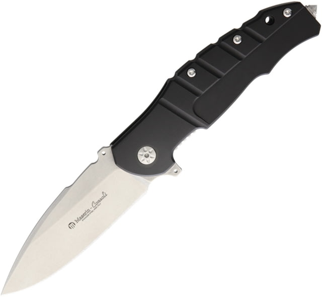 Maserin Pitbull M390 Folding Knife 3.75in Stonewash M390 SS Drop Point Black Anodized Aluminum Handle Glass Breaker Pocket Clip Black Nylon Belt - Maserin