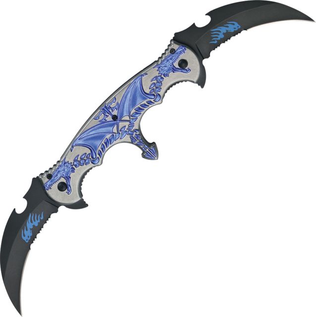 Master Collection Double Dragon A/O Fold Knife SS Assist Black PS hawkbill blade Blue Handle - Master Collection