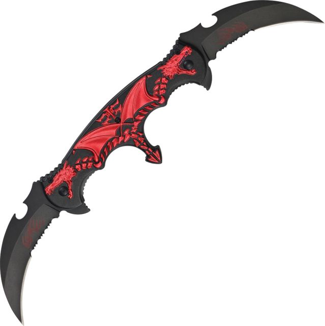 Master Collection Double Dragon A/O Fold Knife SS Assist Black PS hawkbill blade Red Handle - Master Collection