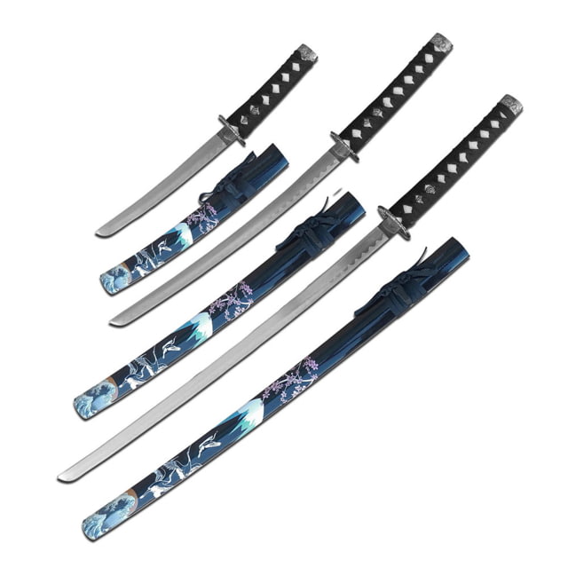 Master Cutlery  Samurai Sword Set Stainless Steel Blade Cord Wrapped Handle w/ Menuki 3 Piece Set Black - Master Cutlery