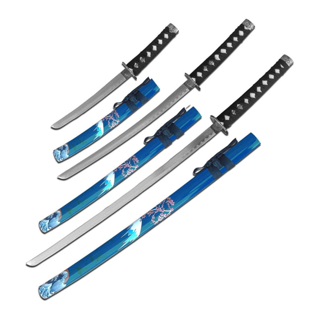 Master Cutlery  Samurai Sword Set Stainless Steel Blade Cord Wrapped Handle w/ Menuki 3 Piece Set Blue - Master Cutlery