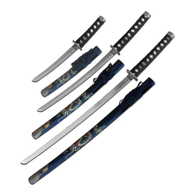 Master Cutlery  Samurai Sword Set Stainless Steel Blade Cord Wrapped Handle w/ Menuki 3 Piece Set Black - Master Cutlery