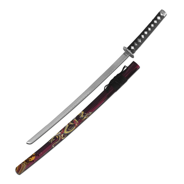 Master Cutlery  Samurai Sword Stainless Steel Blade Cord Wrapped Handle w/ Menuki Dark Red - Master Cutlery