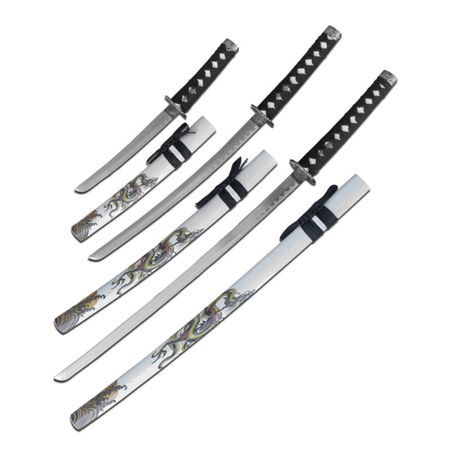 Master Cutlery  Samurai Sword Set Stainless Steel Blade Cord Wrapped Handle w/ Menuki 3 Piece Set Gray - Master Cutlery