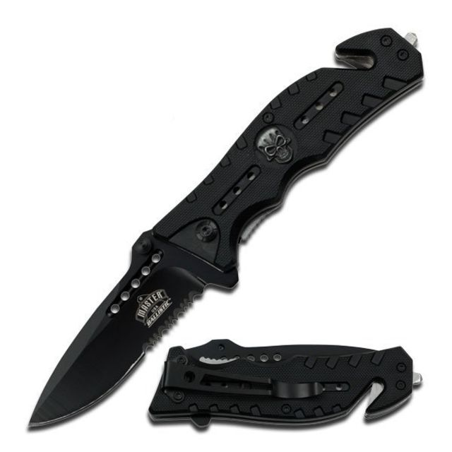 Master USA Folding Blade 3.25in Stainless Steel Blade Skull Medallion On G10 Effect Black Nylon Fiber Handle - Master Usa