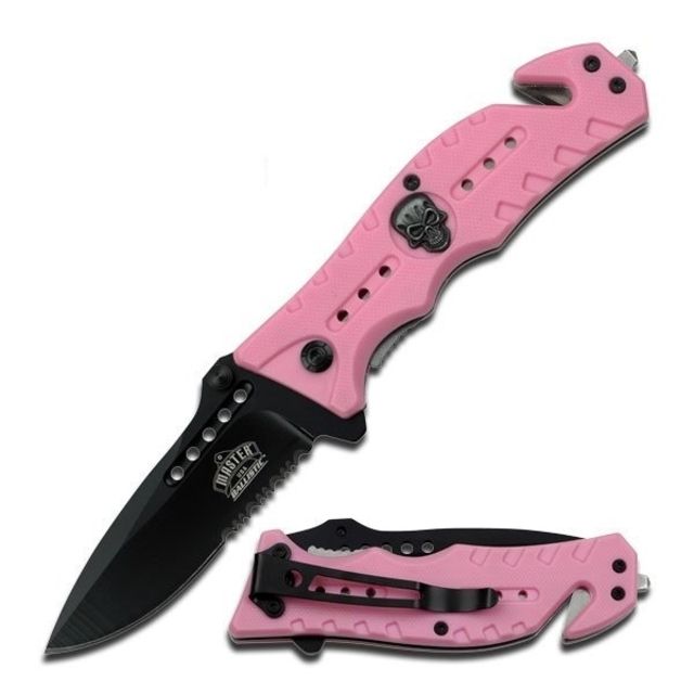 Master USA Folding Blade 3.25in Stainless Steel Blade Skull Medallion On G10 Effect Pink Nylon Fiber Handle - Master Usa