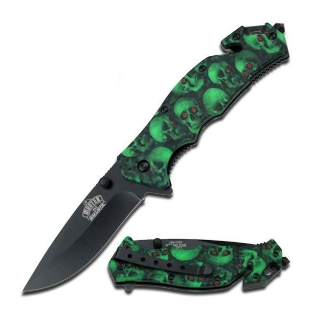Master USA Folding Blade 3.5in Stainless Steel Blade Green Skull Red Eyes Camo Nylon Fiber Handle - Master Usa