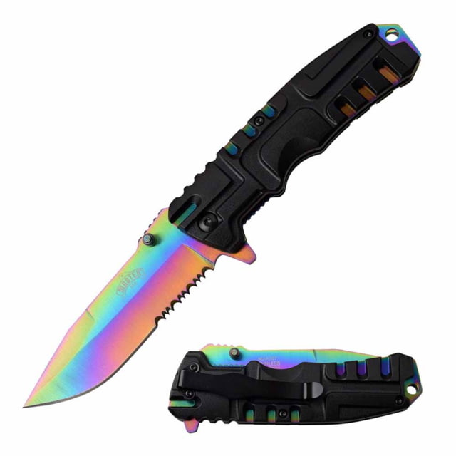Master USA  Spring Assisted Knife 3.75in 3CR13 Stainless Steel Spear Point Half-Serrated Rainbow Blade Injection Molded Handle Black - Master Usa
