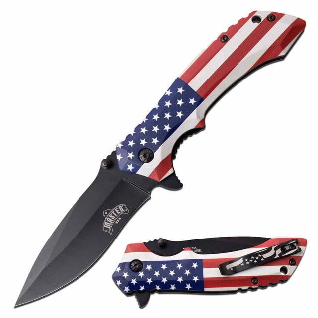 Master USA  Spring Assisted Knife 3.5in 3CR13 Stainless Steel Spear Point Black Blade Injection Molded Handle w/ American Flag Design - Master Usa