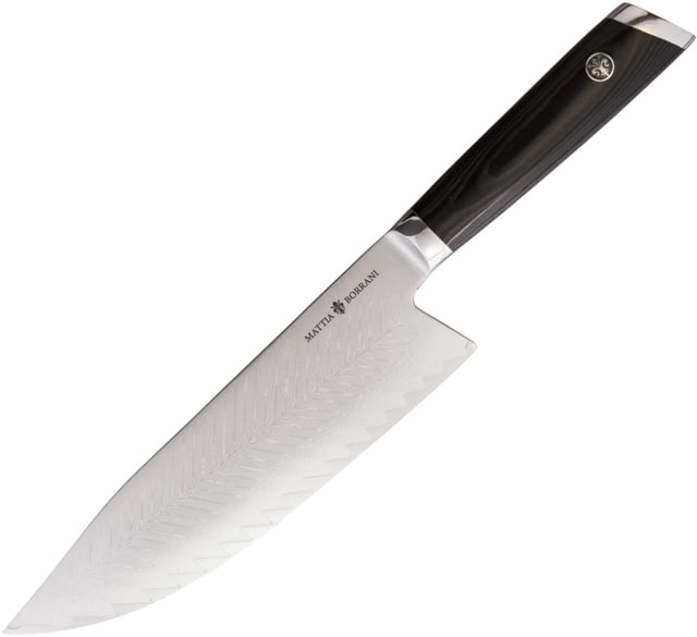 Mattia Borrani Cutlery Bowie Chef 8in Damascus Knife 8" blade Black linen micarta handle - Mattia Borrani Cutlery