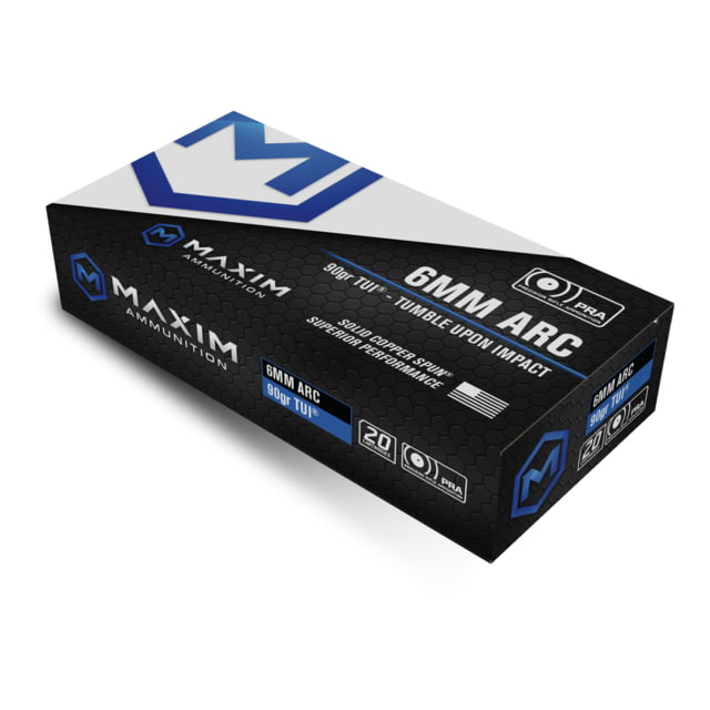 Maxim Defense Industries Precision Rifle Ammunition 6MM ARC 90 Grain Match Grade Solid Copper TUI Tumble Upon Impact Design 20 Round Box - Maxim Defense Industries