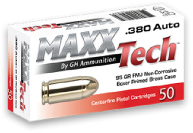 MAXXTECH .380 ACP 95 Grain Full Metal Jacket Boxer Primed Brass Cased Pistol Ammo 50 Rounds - Maxxtech