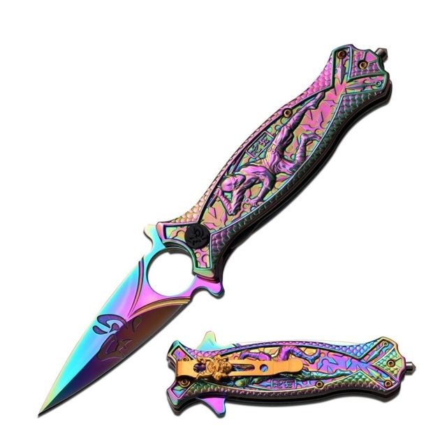 MC Masters Collection Folding Blade 3.5in Stainless Steel Blade Rainbow Ti-Coated Stainless Steel Sculpted Ninja Art Handle - Mc Masters Collection