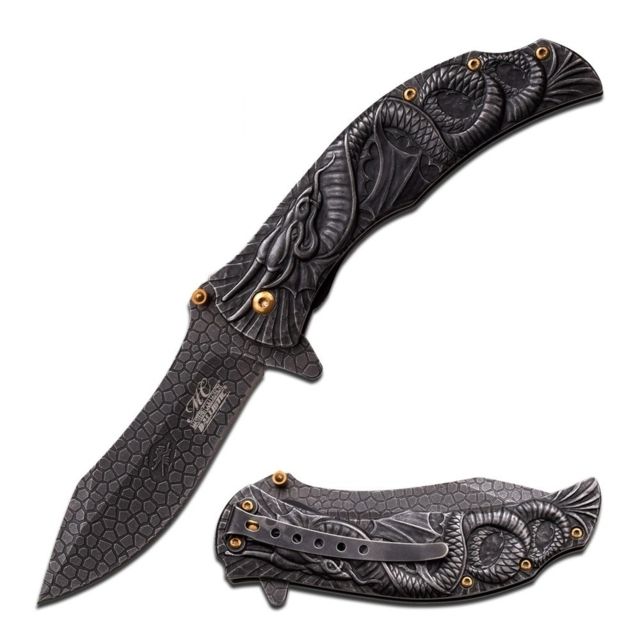 MC Masters Collection Folding Blade 3.75in Stainless Steel Blade Dragon Sculpture Stonewashed Black Stainless Steel Handle - Mc Masters Collection